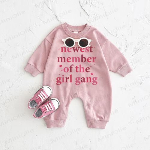 NEWEST MEMBER OF THE GIRL GANG Baby Pink Romper