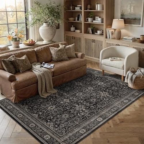Schweek 5x7 Washable Area Rugs Living Room Black Neutral Vintage Floral Rug Non Slip Low Pile Soft Carpet for Bedroom Dining Room Laundry Room Office Kitchen Distressed Indoor Throw Rugs