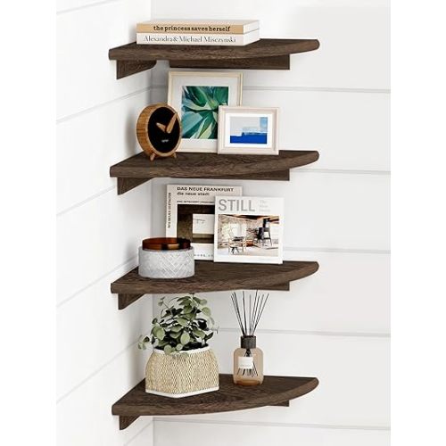 Forbena Floating Corner Shelves for Wall Set of 4, Small Corner Bookshelf for Bedroom Books, Round Wooden Corner Shelf Wall Mount for Bathroom Plants, Kitchen, Living Room Decor (Dark Brown)