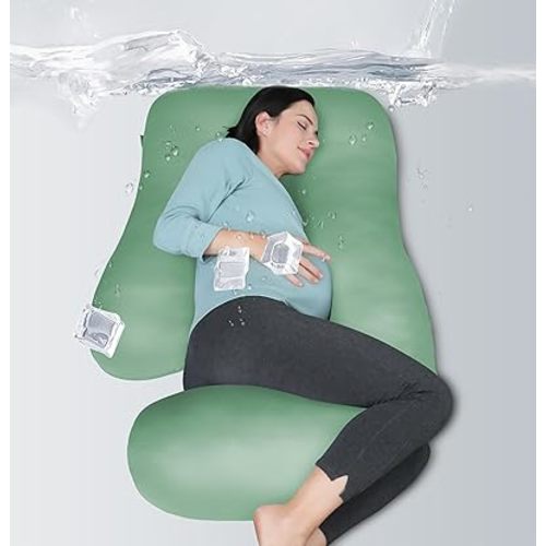 MOON PARK Pregnancy Pillows for Sleeping - U Shaped Full Body Maternity Pillow with Removable Cover - Support for Back, Legs, Belly, HIPS - 65 Inch - Green - Cooling Cover