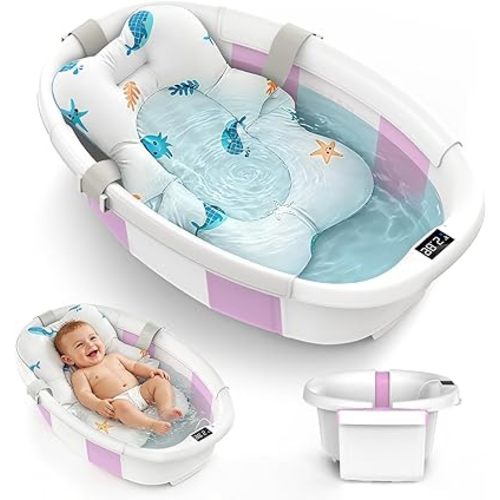 Collapsible Baby Bathtub for Newborn to Toddler 0-36 Months, Large Baby Bath Tub with Thermometer & Cushion, Easy Setup Foldable Travel Infant Bathtub, Newborn Babies Boy Girls Bath Tubs Purple Size