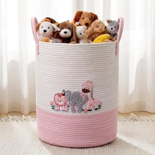 LemonRoad Laundry Hamper Large Cotton Rope Storage Basket Woven Storage bucket with Handles for Bathroom Bedroom Nursery Toy Clothes Organizer, 60 L(Pink Animals)