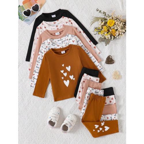 10pcs/Set Baby Girls Casual Long Sleeve T-Shirt & Pants Bottoming Outfit, Cute Sweet Heart & Letter Print, Stretchy Pullover Tee & Trousers Set, Suitable For Children In Spring & Autumn | SHEIN USA
