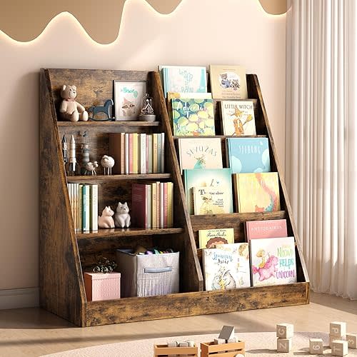 Tatub 6 Tier Kids Wooden Bookshelf and Toy Storage, Children Toy Organizer with Book Shelves, Toddler BookRack Baby Bookcase for Nursery, Playroom and Classroom, Rustic Brown