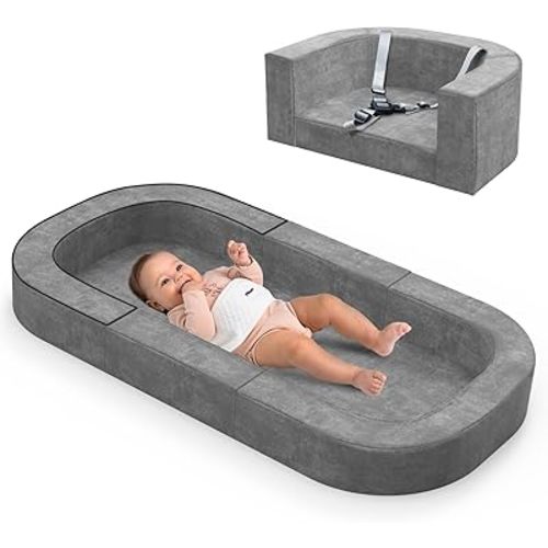 4-in-1 Portable Toddler Travel Bed and Sofa, Foldable Floor Bed with Carrying Bag, for Newborn, Infant and Toddler 1-3 Years, Size S, Gray (Basic Size S)