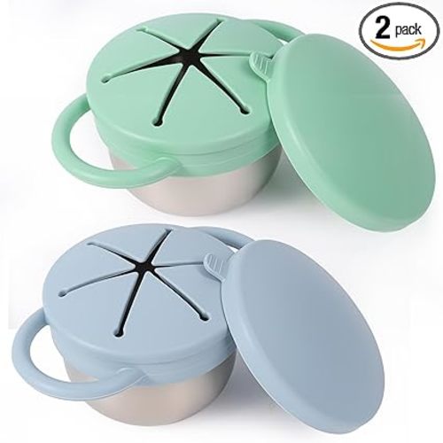2 Pack Stainless Steel Spill Proof Snack Cup for Baby Toddlers Kids, with Silicone Food Catcher, Travel Lid, Spill-Proof Bowl Containers, Toddlers Essentials, Non Toxic BPA Free