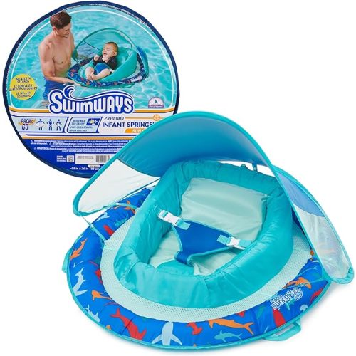 SwimWays Infant Spring Float, Baby Pool Float with Canopy & UPF Protection, Swim Training PFD, Swimming Pool Accessories for Babies 3-9 Months