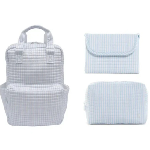BLUE PIMLICO STRIPE BUNDLE - QUILTED ALL YOU NEED BAG + CHANGING MAT + – Southern Sorelle Embroidery Boutique