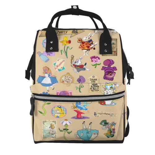Alice in Wonderland Diaper Bag Nappy Mummy Backpack Fashion Shoulders Casual Kawaii Cute Interesting Cartoon Anime Waterproof Portable Large Capacity Daypack Travel for Women Men Handbag Gift