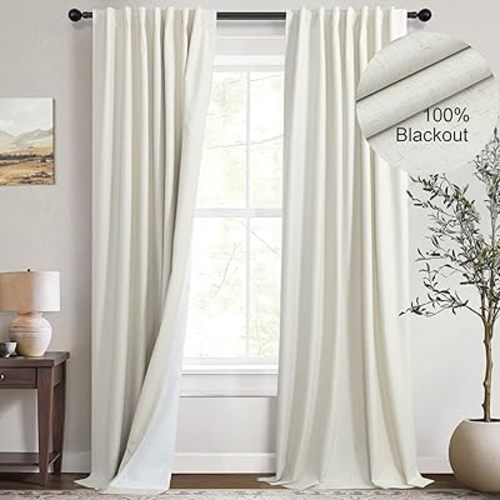 Cream Linen Blackout Curtains 84 Inch Long 2 Panel Set Back Tab Thermal Insulated Light Blocking Curtain for Living Room Black Out Drapes for Bedroom Neutral Rustic Farmhouse 52x84 Length Ivory White