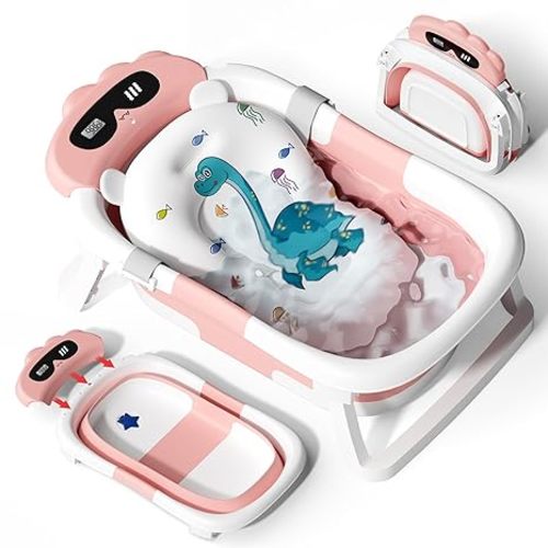 AVIDOR Baby Bathtub,Collapsible Bathtub for Newborn to Toddler,Durable Essential Infant Bath Tub,Portable Travel Baby Tub with Soft Bath Net,No-Slip Feet and Dinosaur Shaped (Navy Blue)