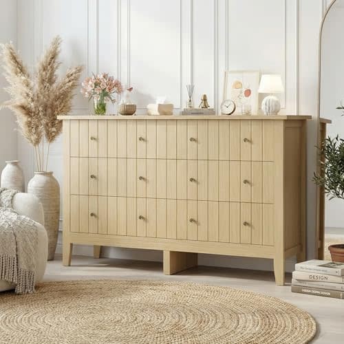 FOTOSOK Modern Dresser, Chest of Drawers, 6 Drawer Double Dressers with Deep Drawers, Wide Storage Organizer Cabinet for Living Room, Hallway, Natural Wood