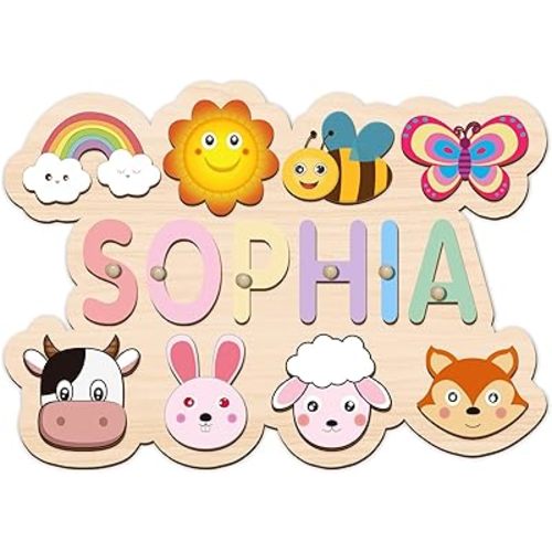 Name Puzzle for Kids Personalized, Custom Wooden Name Animal Puzzle, Montessori Learning Toys for Toddler 1-3, First Birthday Gifts for Girls&Boys