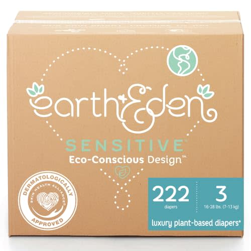 Earth & Eden Sensitive Baby Diapers, Size 3, No Harsh Chemicals, 222 ct | Eco-Conscious, Hypoallergenic, No Harsh Chemicals, Dermatologically Approved