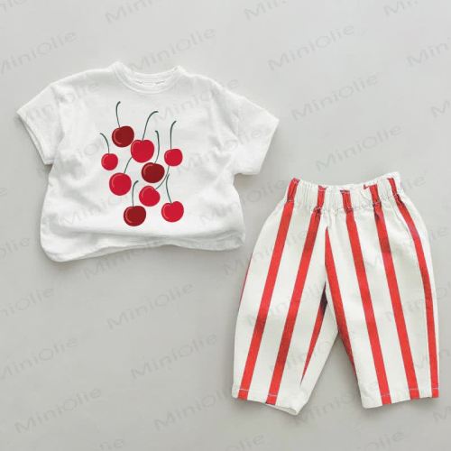 Floating Cherry Baby Red Vertical Striped 2-piece Set