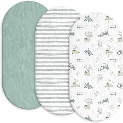 Gllquen Baby Muslin Bassinet Sheets 3 Pack, Breathable Elastic Cozy Fitted Cotton Bassinet Mattress Sheet for Baby Boy Girls, Fit for Hourglass Oval Rectangular Cradle Pad Sheets 33"x17" (Car)