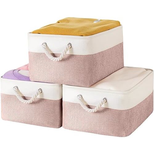 Storage Bins with Sturdy Cotton Handles(3 Pack), Fabric Storage Baskets for Organizing use for Office & Home, Book, Clothes, Toys, Closet Boxes(Medium, Pink-White, 14.2x10.2x7.1 inches)