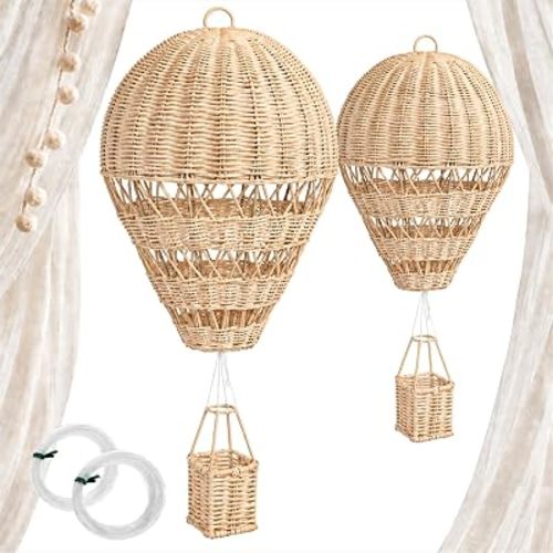 Toyvian 2PCS Rattan Hot Air Balloon Decor for Nursery, Hanging Wall Decor