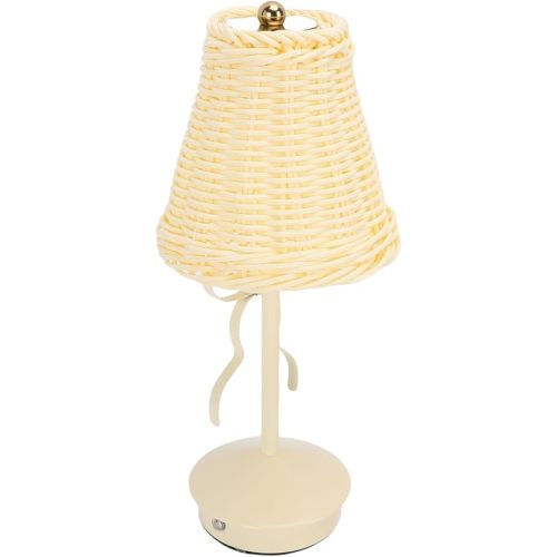 Vintage Rattan Table Lamp, Cordless Wicker Lamp 3 Colors Adjustable, Touch Control Bedside Night Light with Bow for Bedroom Office Decoration (White)