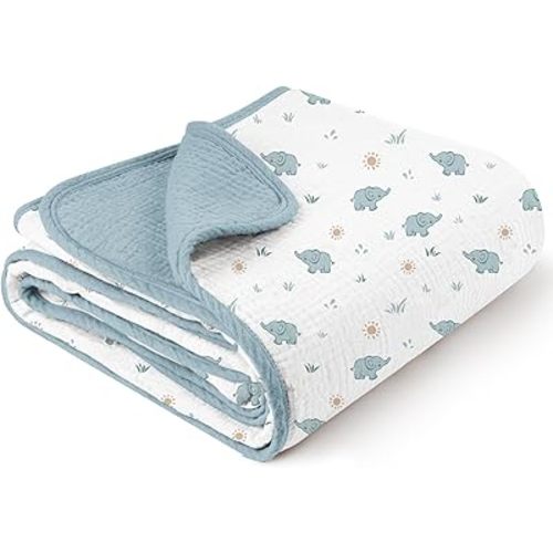 Konssy Muslin Baby Blankets for Girls Boys, 100% Cotton Crib Blanket for Baby Infant Toddler, Super Soft and Lightweight Nursery Blankets 40"x36" (Elephant)
