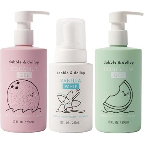 Dabble & Dollop Tropical Kids 3-in-1 Body Wash, Shampoo & Bubble Bath Variety Set – Coconut, Honeydew & Vanilla, Tear-Free, Gentle, Hypoallergenic and Safe for Sensitive Skin (Pack of 3)