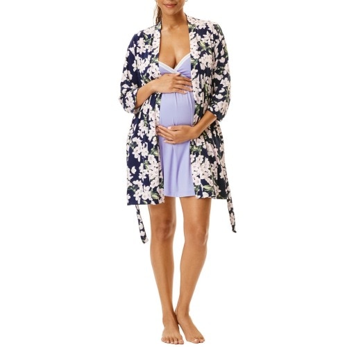 Motherhood Women's Maternity Robe and Nursing Chemise Sleep Set with Baby Swaddle