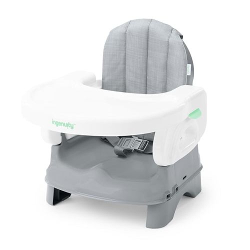 Ingenuity Deluxe Comfort Booster Seat for Kitchen Chair, Compact Fold, Portable, Lightweight, Toddler Booster Seat for Dining Table, from 6 Months to 3 Years – Grey