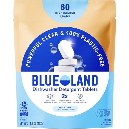 BLUELAND 100% Plastic-Free Dishwasher Detergent Tablets, 60 Count, Free & Clear, Eco-Friendly Dishwashing Pods, Natural, USDA Certified biobased