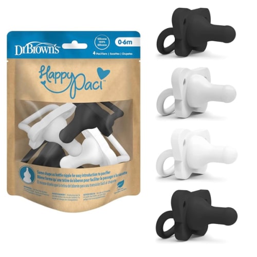 Dr. Brown's HappyPaci 100% Silicone Baby Pacifier, Contoured One-Piece Design, Gray, Black, White, 0-6m, BPA-Free, 4-Pack