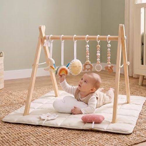 Wooden Play Gym with Gray Mat, Foldable Baby Play Gym, Infant Activity Mat with 6 Hanging Toys, Natural Pine Wood Frame Activity Center, Easy to Assemble & Clean, Newborn Present for Boys & Girls