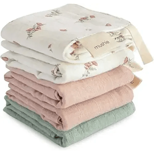 mushie Muslin Organic Cotton Washcloths 5-Pack (Pink Flowers Combo) | Soft Wipes for Baby Cleanups and Bathing