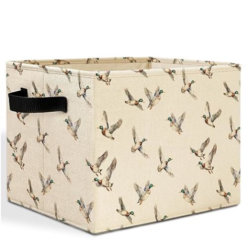 Rustic Mallard Duck Storage Bins Box with Handles, Mallard Duck Nursery Decor, Farmhouse Ducks Laundry Basket Hamper Collapsible Clothes Toys Organizer for Kids Boys Bedroom Bathroom