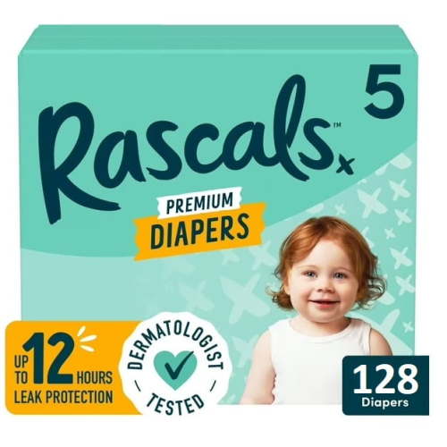 Rascals Premium Absorbent Baby Diapers Size 5, 128 Count