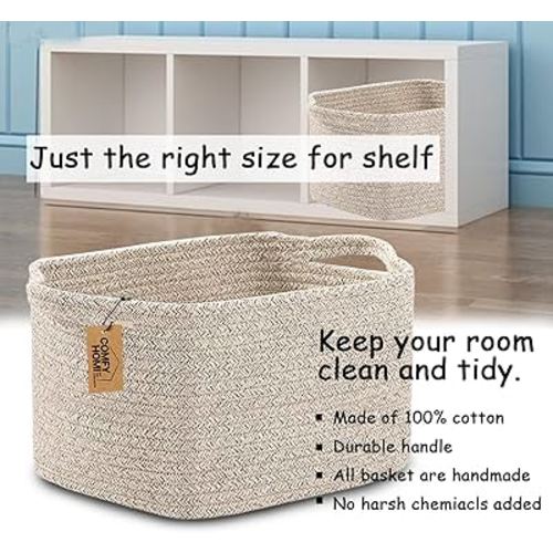 COMFY-HOMI 3PACK Cotton Rope Woven Basket With Handles for Shelves, Toy, Book, Cloth Storage Basket for Organizing|13.5" x 11" x 9.5" Decorative Nursery Cube Bin for Living Room（all brown）