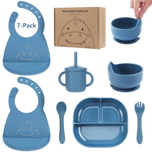 Silicone Baby Feeding Set,Baby Led Weaning Supplies Include Suction Plate & Bowl, Spoon, Fork,Bibs,Sippy Cup, 7-Pcs