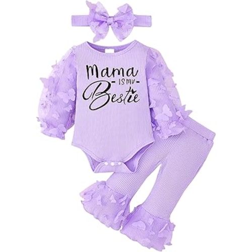 Baby Girl Clothes Newborn Outfits 3D Butterfly Long Sleeve Romper Flare Pants with Bow Headband Set 0-18 Months