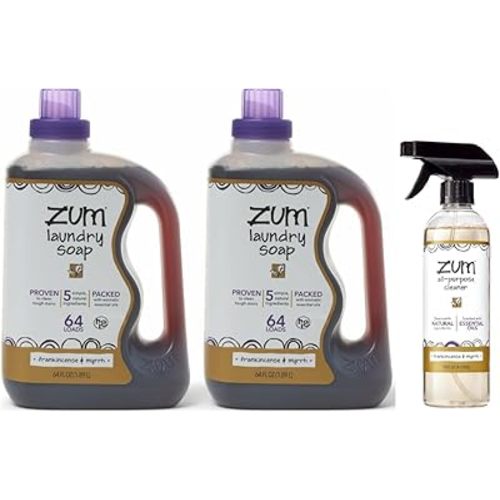 Zum by Indigo Wild Laundry & Home Cleaning Bundle – Frankincense & Myrrh – Plant-Based Liquid Laundry Soap (64 fl oz, 2 Pack) + Natural All-Purpose Surface Cleaner (16 fl oz)