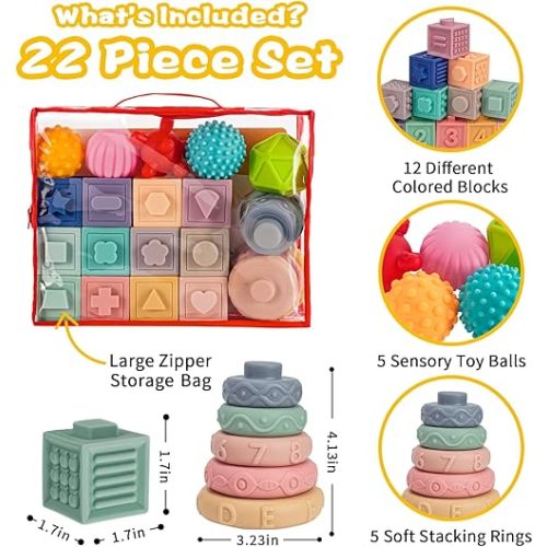 SpringFlower 3 in 1 Montessori Toys for Babies 0-3-6-12 Months, Soft Baby Teething, Stacking Building Blocks for Infants, Sensory Developmental Education Toys for Toddler Baby 12-18 Months,22 PCS