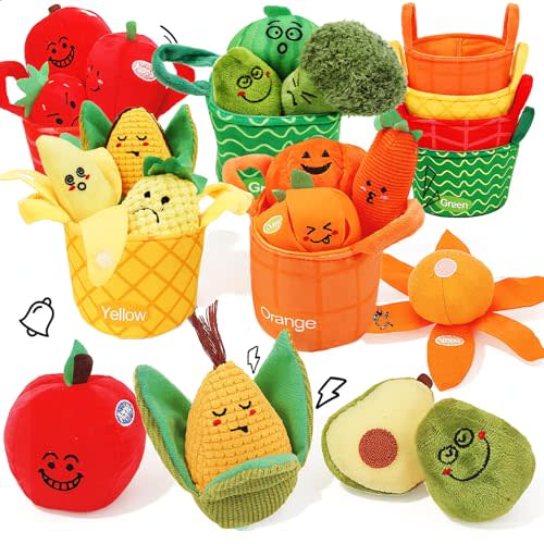 Fruit Vegetable Sensory Toys for Baby 6-12 Months - 16Pcs Plush Sorting Set Perfect for Little Hands to Grasp With Cute Faces, Bright Color Food Crinkle & Rattle, Birthday Gift for 1 Year Old Boy Girl