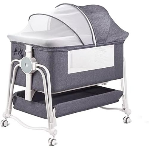 4 in 1 Baby Bassinet Bedside Sleeper, Rocking Baby Crib with Lockable Wheels, Storage, Mosquito Net and Matress Included, 7 Level Adjustable Bedside Bassinet for Baby Newborn(Gray)