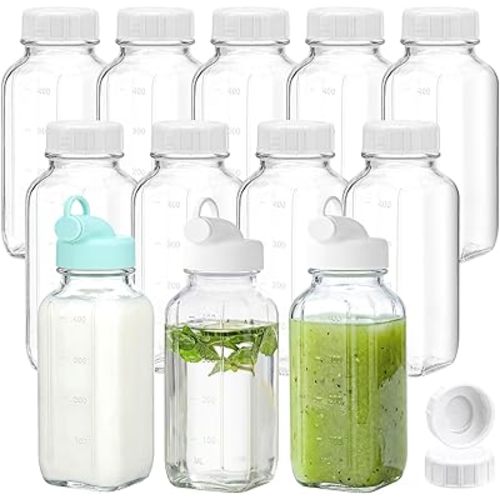 CUCUMI 12 Pack 16 Oz Glass Milk Bottles with Lids, Glass Juice Bottles with Scale & Silicone Pour Spout, Reusable Juice Containers Square Drinking Jars for Milk, Coffee, Smoothies, Water