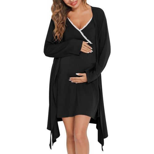 SWOMOG Womens Maternity Robe 2 Piece Nursing Nightgown for Breastfeeding 3 in 1 Labor Delivery Nursing Dress Lace Bathrobe