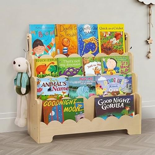 Kids Bookshelf Wooden 4-Tier, Scalloped Book Shelf for Kids Rooms, Front Facing Toddler Montessori Bookshelf, Baby Nursery Book Shelves Kid Classroom Book shelf Bookcase