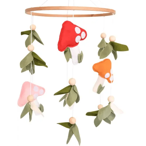 Mushroom Baby Mobile, Green Leaf Mobile for Crib, Crib Mobile for Boys Girls, Forest Nursery Mobile for Bassinet, Pack and Play, Woodland Nursery Décor