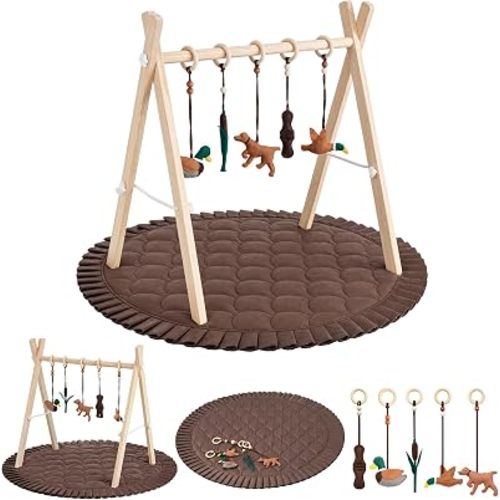 Silipull 7 Pcs Wooden Baby Gym Mat with 5 Hanging Baby Toys Shower Gift
