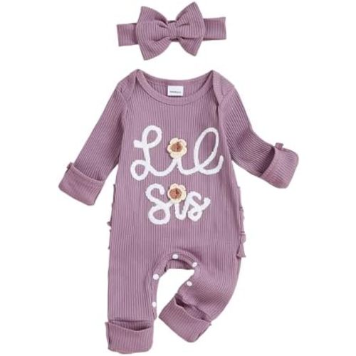 Rtnnsbbfcm Baby Girl Clothes Little Sister Outfits Ribbed Knit Long Sleeve Romper Jumpsuit Newborn Coming Home Clothing