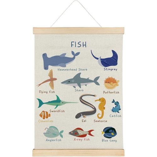 SereneHanctuary Fish Wall Art, Ocean Nursery Wall Decor, Coastal Beach Marine Animal Fish Poster Hanger Frame for Toddler Kids Room Bedroom Nursery Playroom Classroom Decor, 12x16 Inches