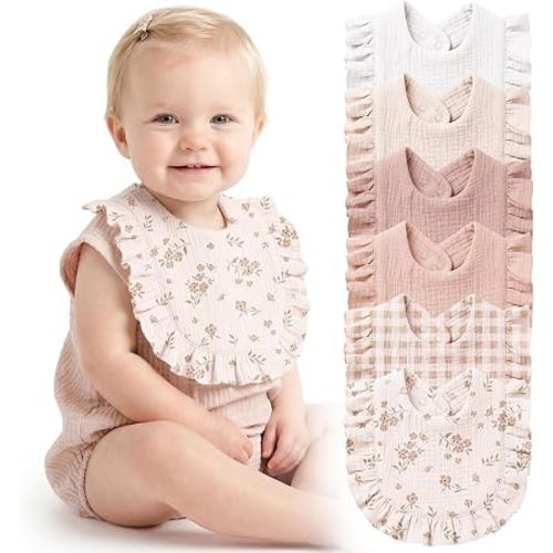 Konssy 6-Pack Muslin Baby Girl Bibs, Absorbent Drool Bibs with Ruffle Trim | 100% Soft Cotton, 6-Layer Absorbency, Adjustable Bibs for Drooling & Teething, Newborn to Toddler 0-36M