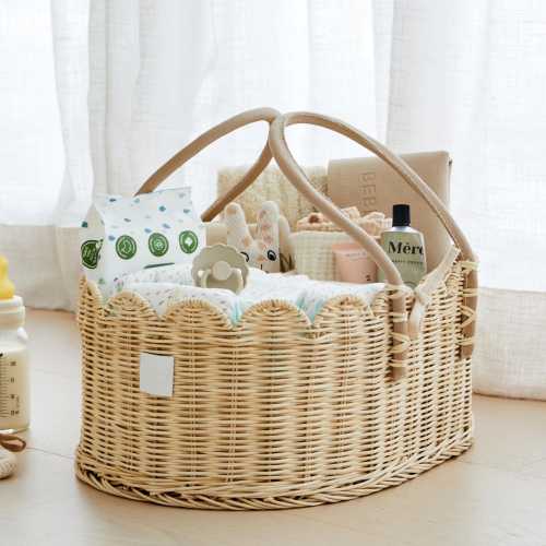 Baby Diaper Caddy Organizer Natural- Artisan-Crafted Scalloped Rattan Basket - Luxurious  Diaper Caddy Basket - Elegant Scallop Basket