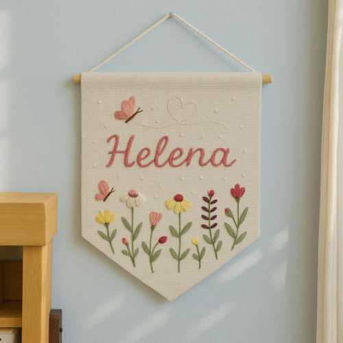 Custom Name Embroidery Wall Hanging Banner, Hand Embroidered Linen Flag, Newborn/Kids Room Decor, Name, Wildflower, Floral, Wild, Bee Design